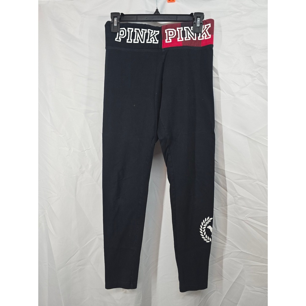 PINK Victoria's Secret Yoga Leggings‎ Black Plaid Logo Waistband Women's M